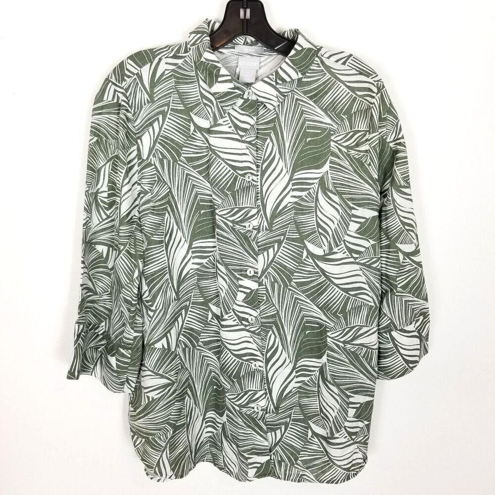 Chico's Women Linen Fresh Leaves Shirt Sz L Button‎ Up Non Iron Business Casual